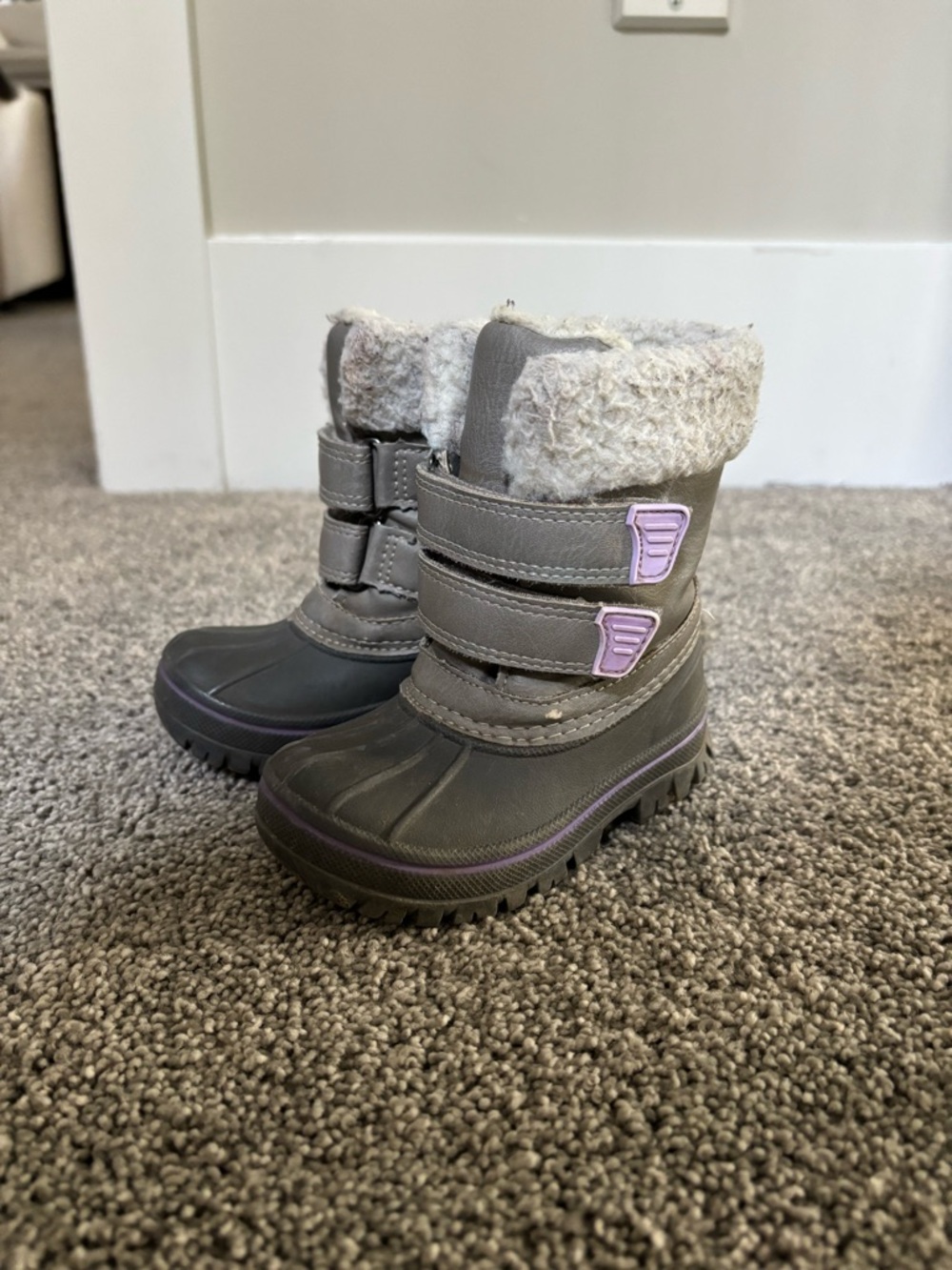 Kids Gray Winter Snow Boots with Faux Fur Trim